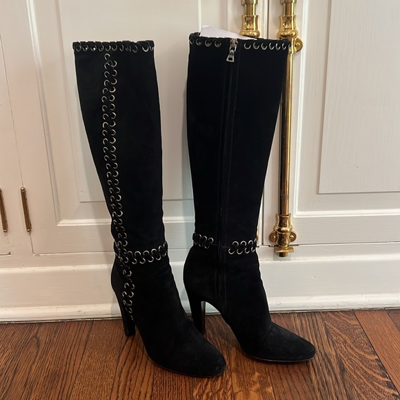 Prada Black Suede Knee High Boots with Brass Rivets - Picture 2 of 13